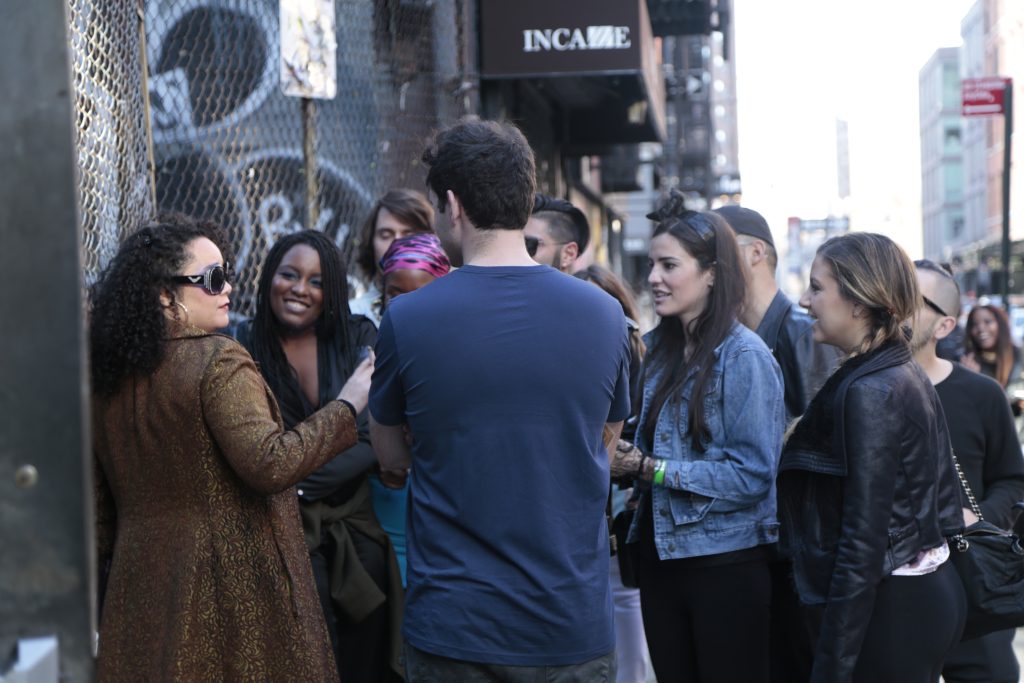 co-workers chatting on streets of NYC